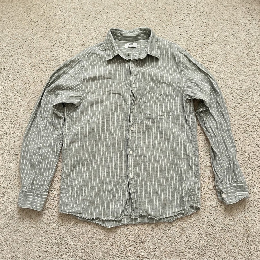 Uniqlo Premium Linen Shirt Mens Medium Green White Striped Long Sleeve 474506